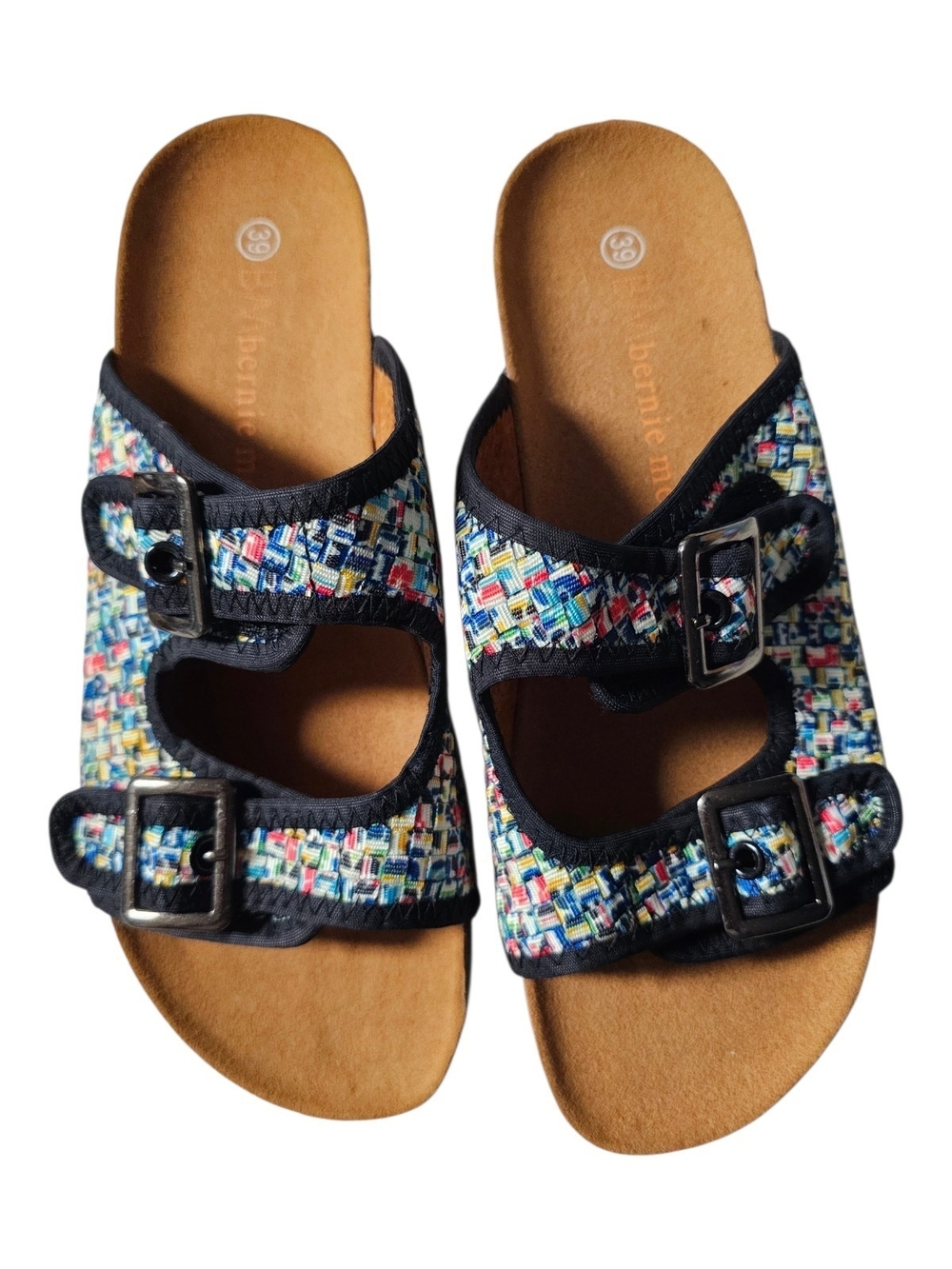 bernie mev. Multicolor Woven Double-Buckle Slide Sandals